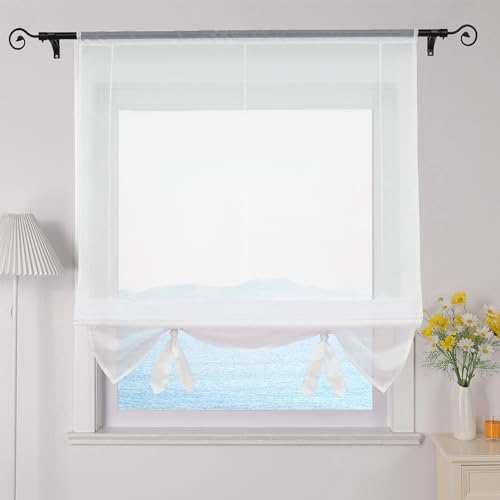ESLIR Cortina romana para salón, cortina con cordón, cortina de cocina, transparente, gasa moderna, color blanco, 80 x 155 cm, 1 unidad